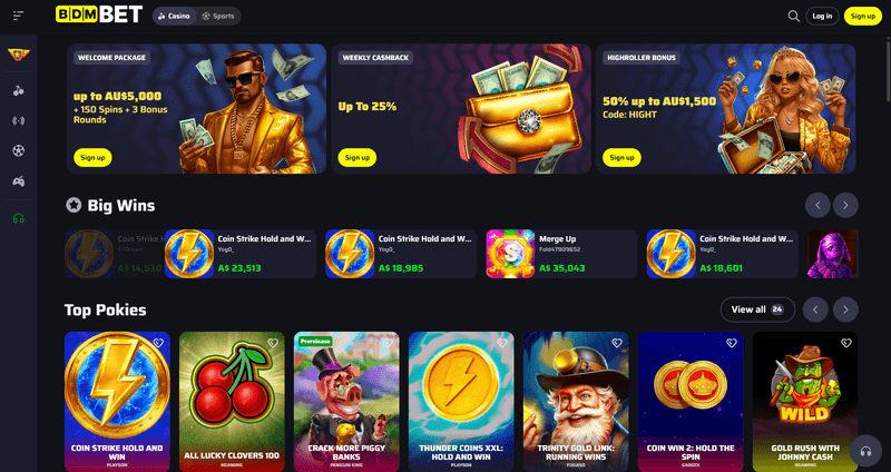 BDM Bet Casino homepage with pokies and bonuses